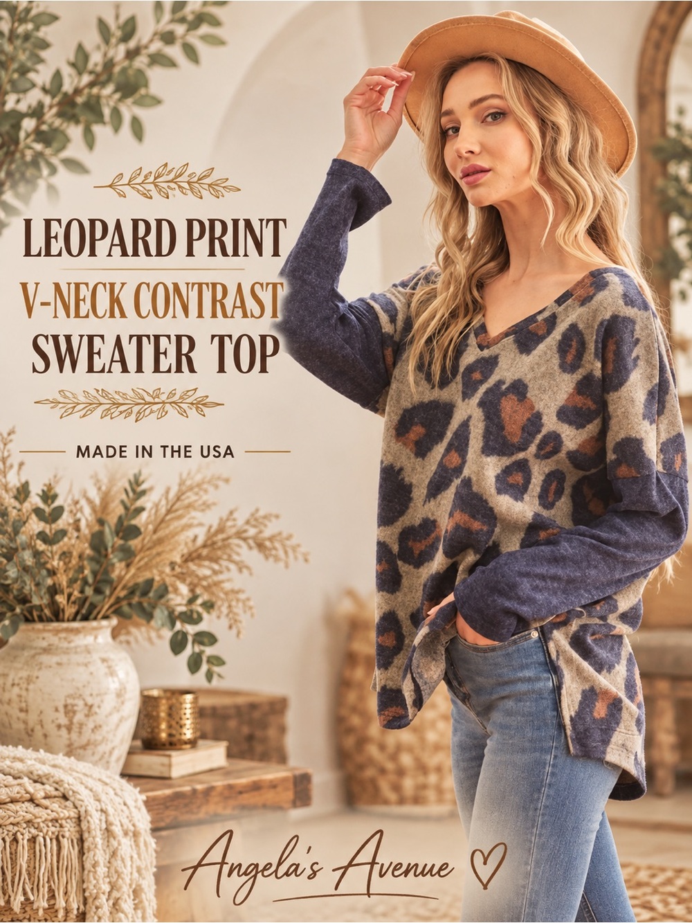 Leopard Print V-Neck Contrast Sweater Top NEW